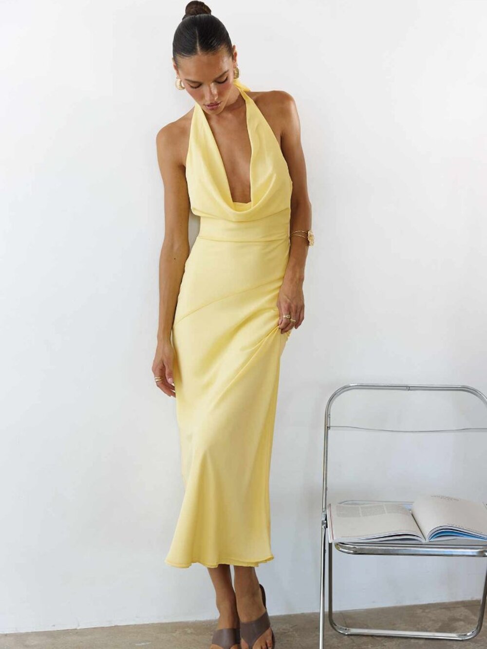 Princess Polly Ocean Boulevard Plunge Maxi Dress Lemon